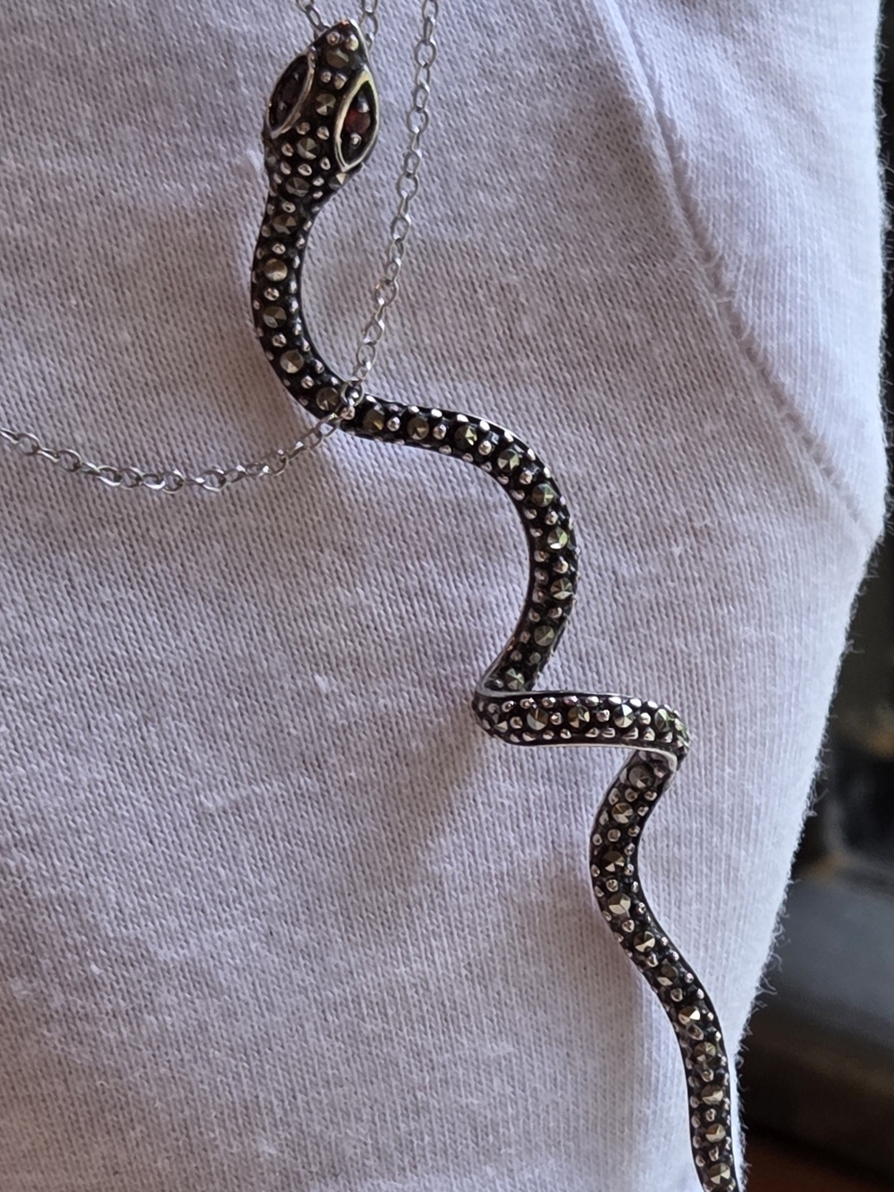 Silver Snake Pendant Necklace - Marcasite & Garnet Reptile Jewelry